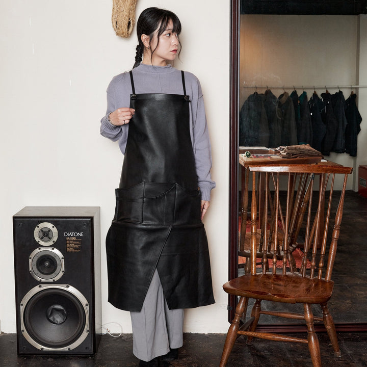 TALL】ウォッシャブルレザーハカマエプロン 3rd. ブラック トール