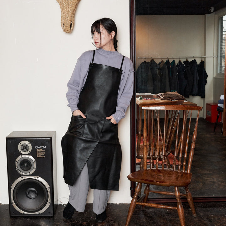 TALL】ウォッシャブルレザーハカマエプロン 3rd. ブラック トール